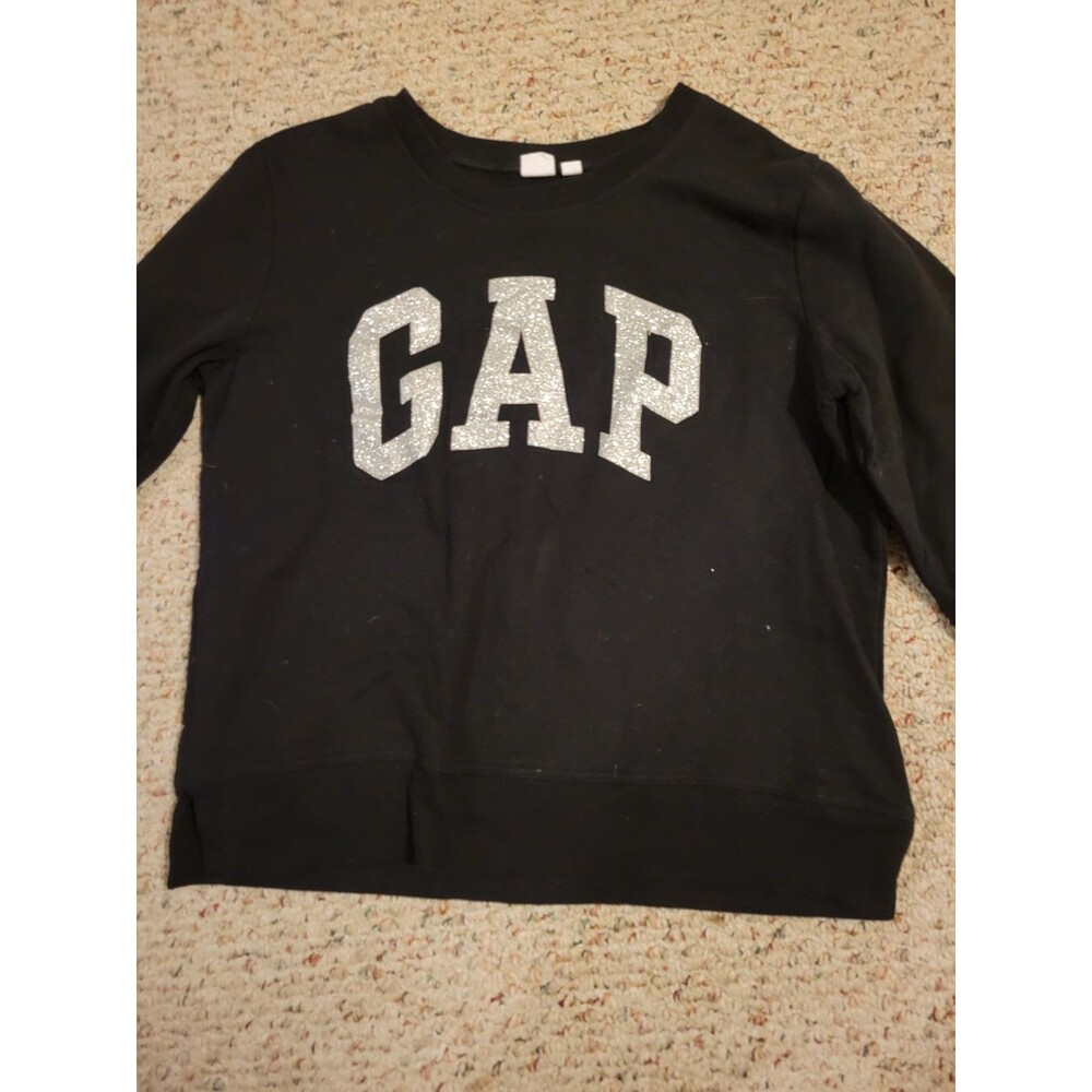 GAP Pullover Crewneck Sweatshirt Black w/ Silver Glitter Logo Women's Size Large - Picture 2 of 3